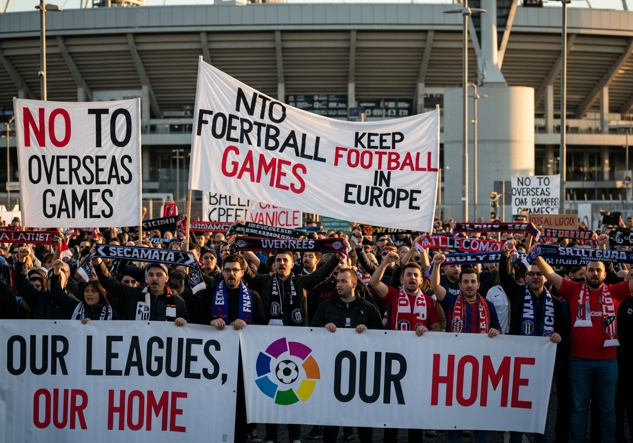 Supporters de football européen manifestant leur opposition à la délocalisation des matchs 